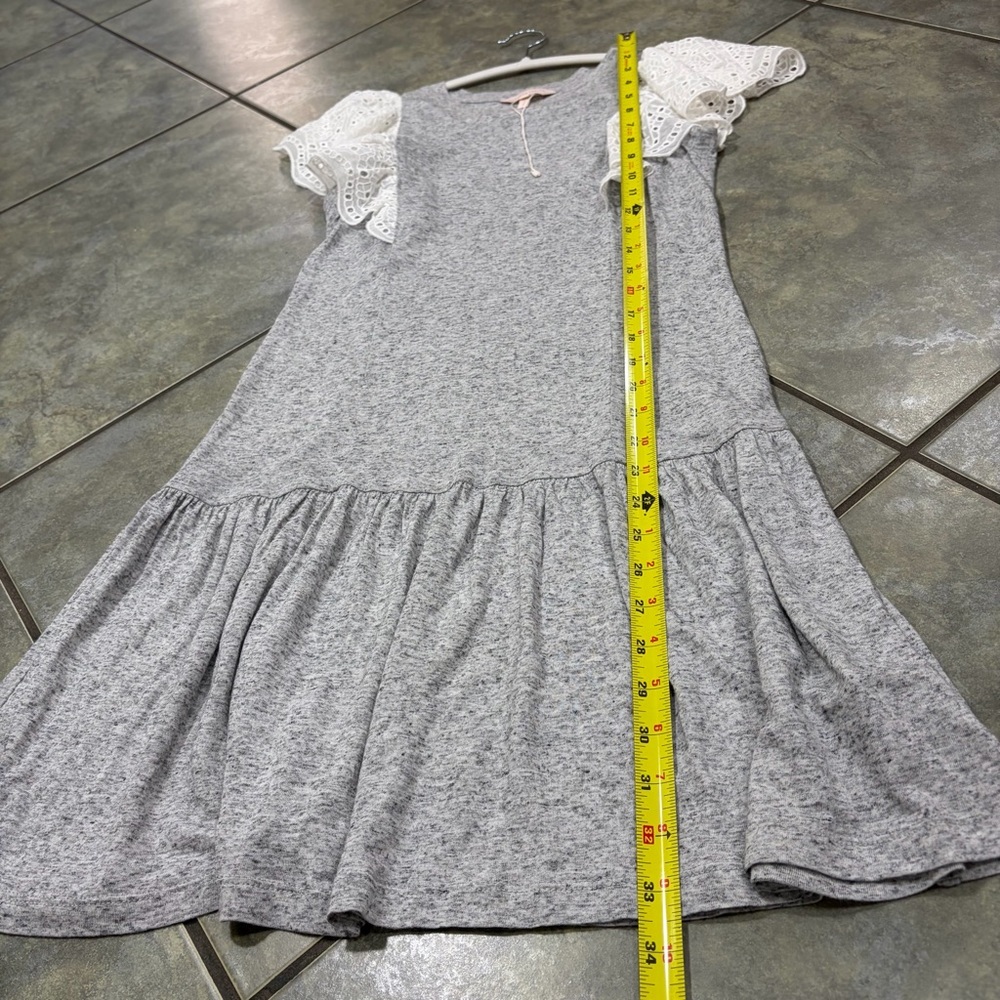 NWT Rebecca Taylor Eyelet Sleeve Jersey Dress Gray White Short Ruffle Hem Sz XS - Picture 11 of 13